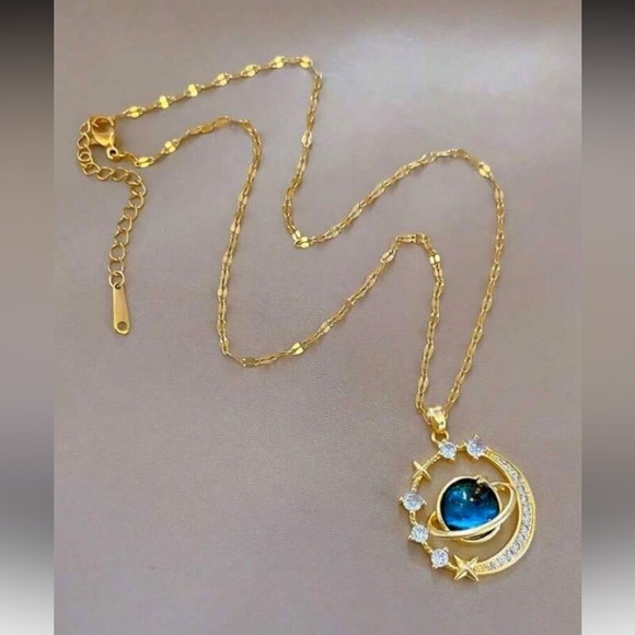 Gold and Blue Planet Pendant Necklace - Picture 3 of 3